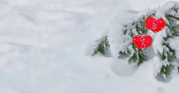 Albero coperto di neve. Sfondo invernale festivo. Due cuori . — Foto Stock