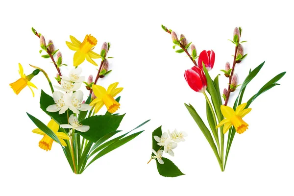 Bukett Våren Blommor Påskliljor Tulpaner Isolerade Vit Bakgrund Jasmin — Stockfoto