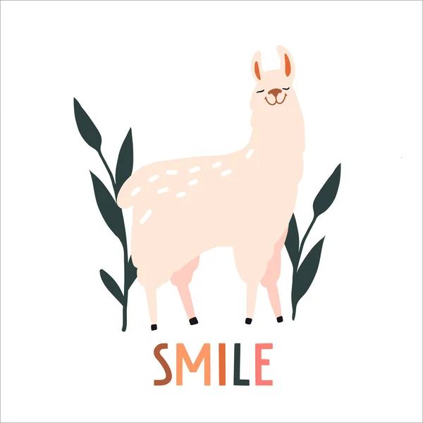 Χαμογέλα. Χαριτωμένο χέρι ζωγραφισμένα χαμογελώντας λάμα και φυτά — Διανυσματικό Αρχείο