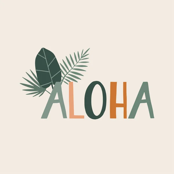 Plantas tropicales y texto, cita Aloha — Vector de stock