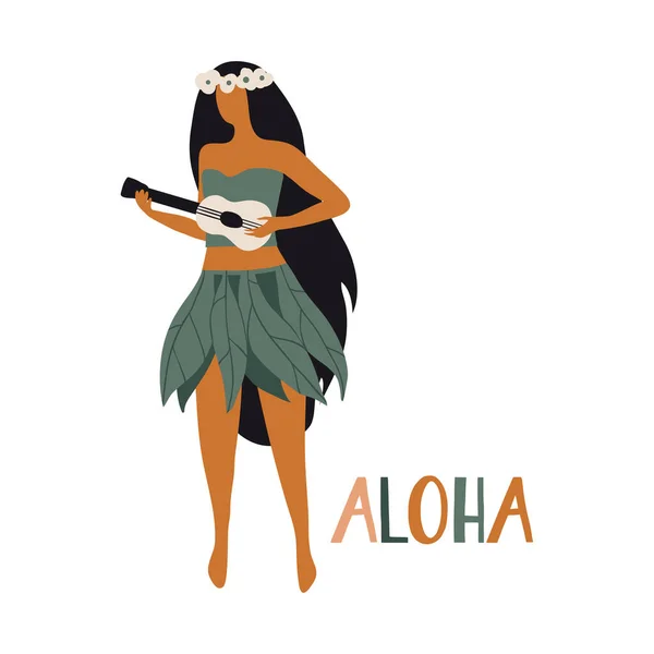 Menina havaiana está dançando hula e jogar ukulele —  Vetores de Stock