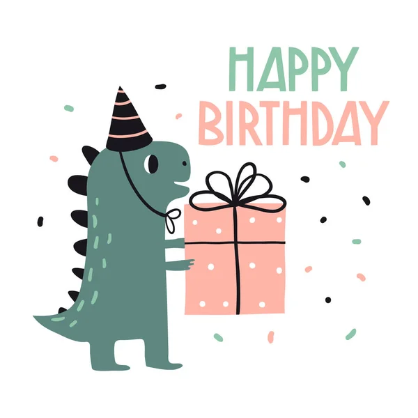 Feliz aniversário. Linda ilustração vetorial com dinossauro engraçado —  Vetores de Stock