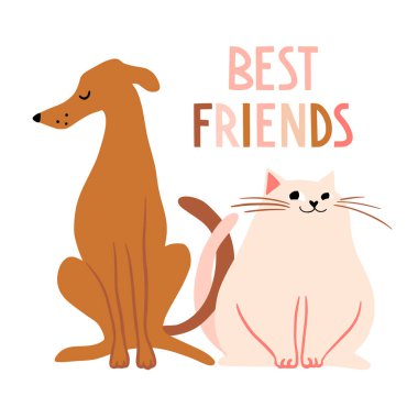 En iyi arkadaşlar. Sevimli el çizimi kedi ve köpek karakterleri
