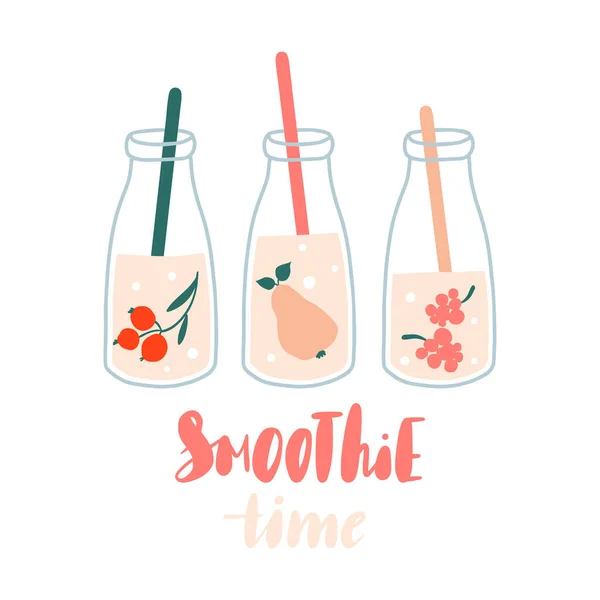 Smoothie tijd. Set smoothies of vers sap in potten met fruit — Stockvector