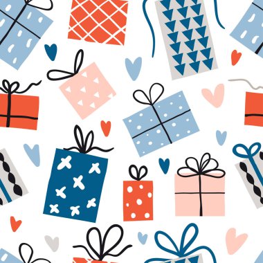 Güzel el çizimi hediye kutuları ve kalplerle kusursuz desen.