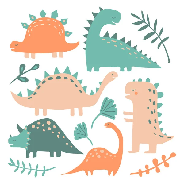 Handritade dinosaurier och tropiska växter — Stock vektor