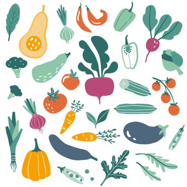 Elle çizilmiş renkli sebze ve sebzeli büyük bir set.