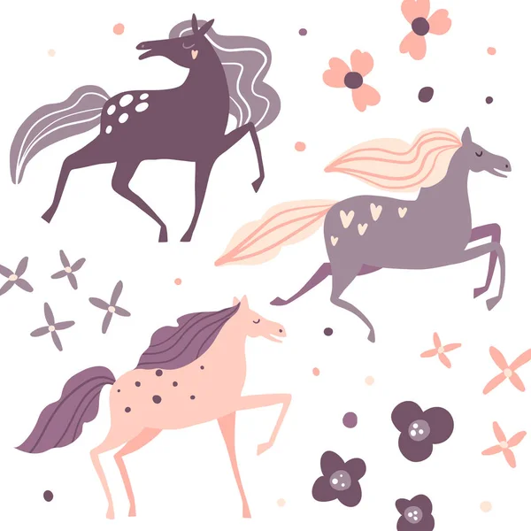 Όμορφα άλογα και λουλούδια. Εκτύπωση, κάρτα ή αφίσα — Διανυσματικό Αρχείο