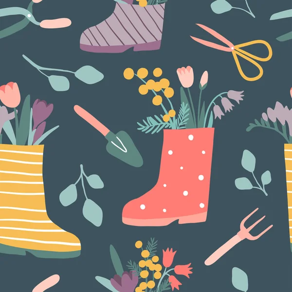 Bottes de pluie mignonnes avec des fleurs et des outils de jardinage motif sans couture — Image vectorielle