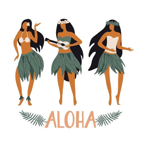 Las chicas hawaianas están bailando hula y jugando ukelele — Vector de stock