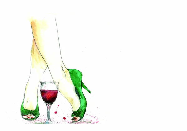 Watercolor illustration female legs wineglass — ストック写真