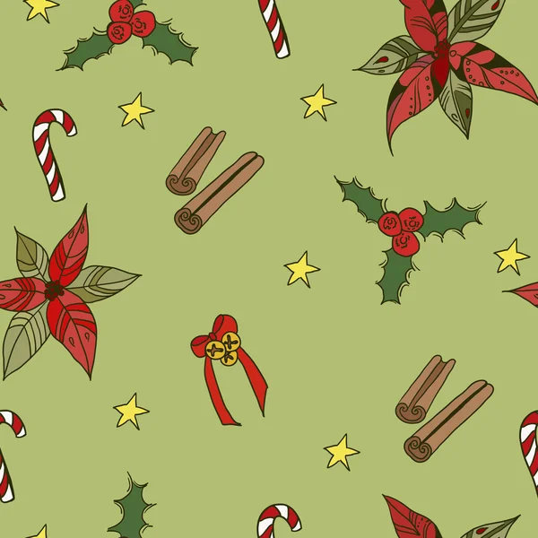 Kerst naadloze patroon. Decoratieve achtergrond voor design. Patroon met kaneel, holly boom, bogen en sterren — Stockvector