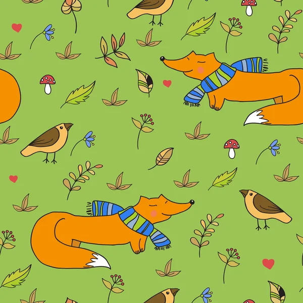 Forest seamless pattern with foxes and birds. Vector elements for design. Pattern with wild flowers and mushrooms — Stock Vector