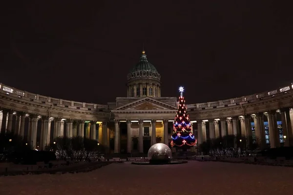 Kare katedralde gece karanlığında aydınlatma olan Noel ağacı.