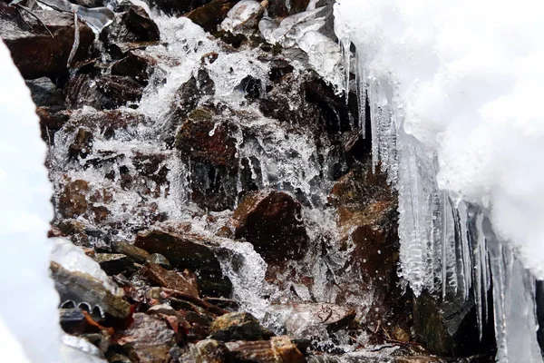 山溪中流淌着石头、雪和冰 — 图库照片