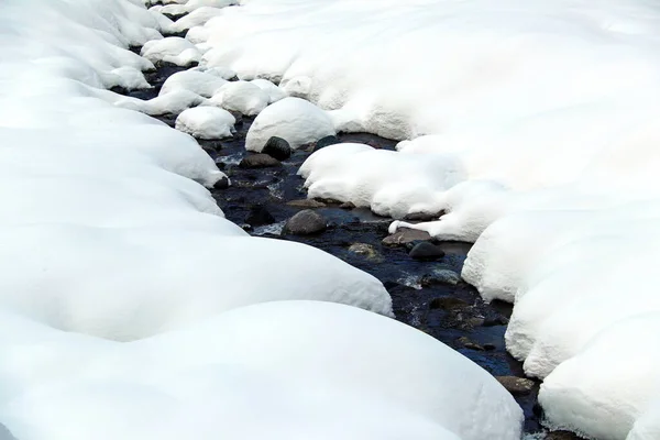 Dağ deresi kayaların arasından akar ve kıyılarda beyaz kar kabarır.