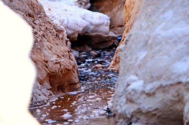 Karlı iki dik kumlu nehir arasında bahar deresi
