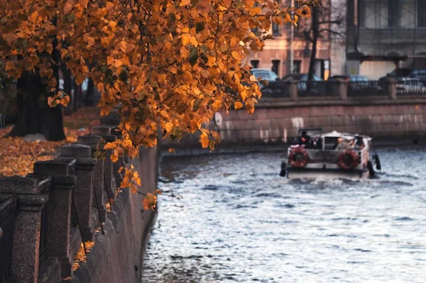 城市河道上的花岗岩堤，长满了秋天的树木和树叶 图库照片