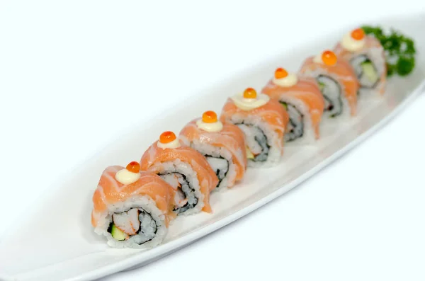 Rollo Sushi Salmón Estilo Comida Japonesa —  Fotos de Stock