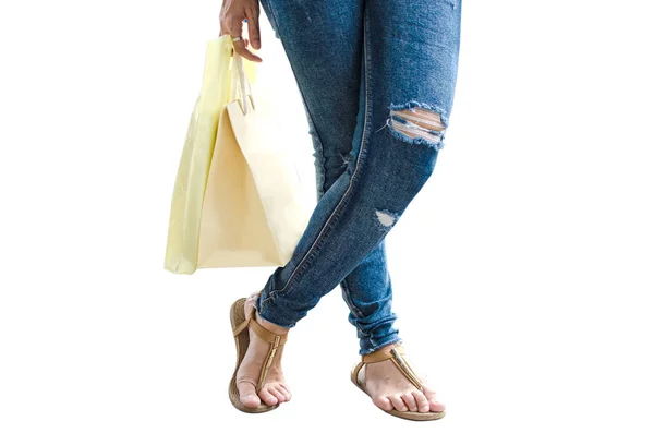 Pantalones Vaqueros Mujer Sosteniendo Bolsas Compras Sobre Fondo Blanco — Foto de Stock