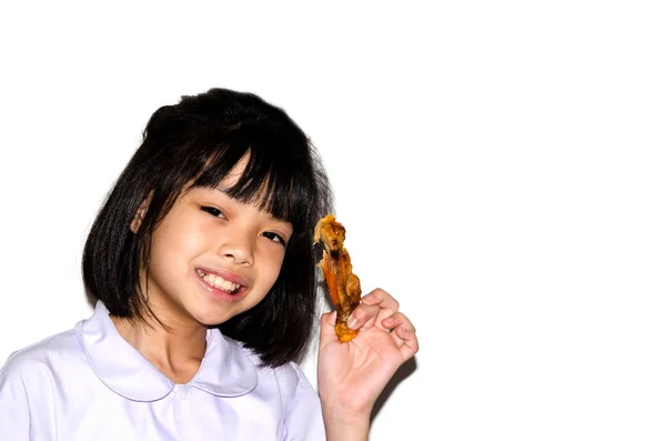 Girl Eats Chickens Isolated White Background — Stock Photo, Image