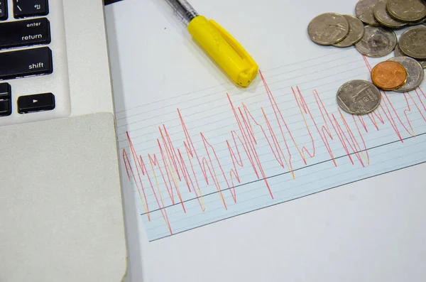 line graph and coins