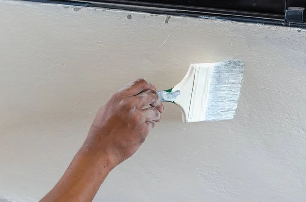 Men Painters Use Brushes Paint Walls White — Stock Photo, Image