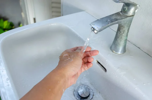 Man Hand Washing Hands Faucet — Stock Photo, Image