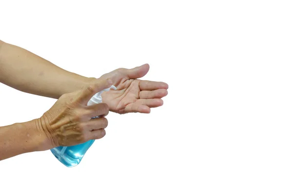 Pressione Gel Mão Para Lavar Mãos Sobre Fundo Branco Álcool — Fotografia de Stock