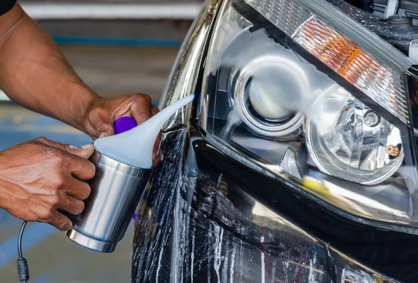 Polishing Car Front Lamp Coated Headlight Varnish — Stock Photo, Image