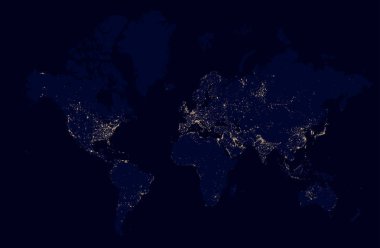 Işıklar şehirler ile Dünya Haritası detaylı gece