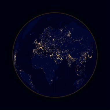 Dünya küre ışıklar şehirler Afrika, Avrupa ve Asya. Vektör