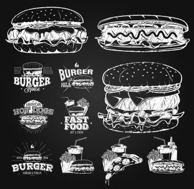 Fast Food etiket, logolar ve tasarım öğeleri çizim tebeşir