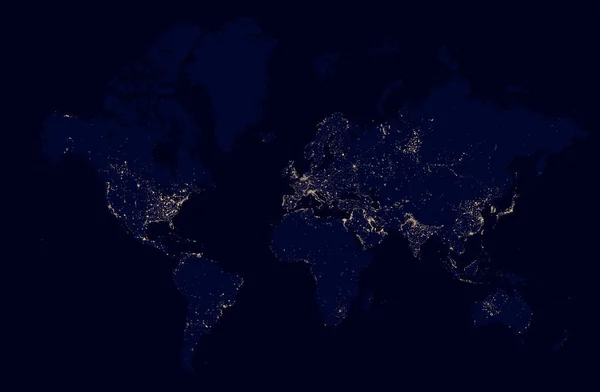 Detaljerade natt karta av världen med lampor städer — Stock vektor