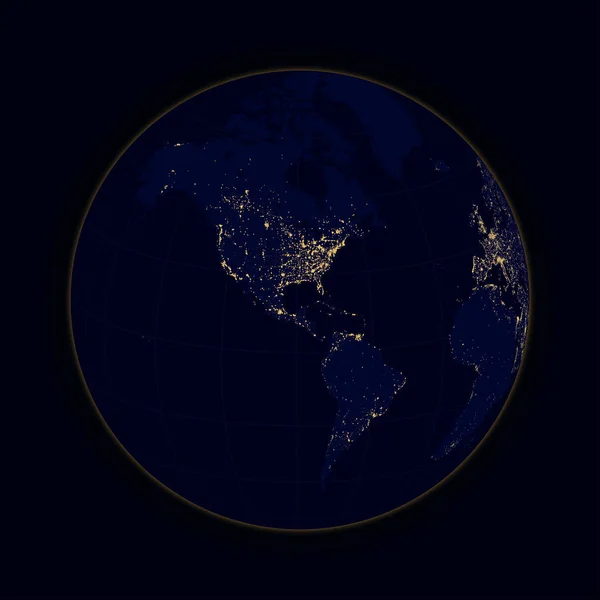 Luci a sfera terrestre delle città Nord e Sud America. Vettore — Vettoriale Stock