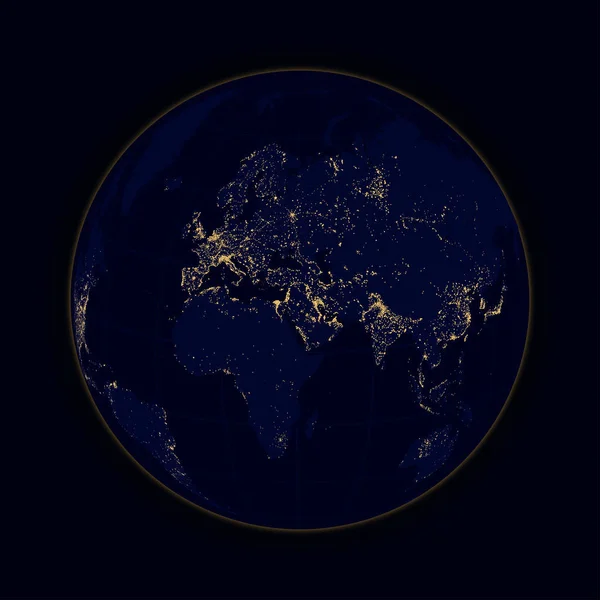 Luci a sfera terrestre di città Africa, Europa e Asia. Vettore — Vettoriale Stock