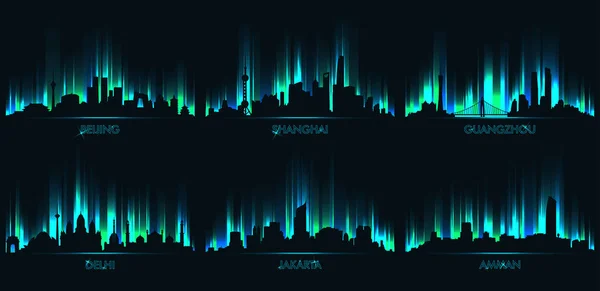 Ligne d'horizon de la ville néon, Pékin, Shanghai, Guangzhou, Delhi, Jakarta, Amman — Image vectorielle