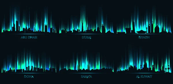 Неонові йти skyline Абу-Дабі, Дубаї, Ер-Ріяд, Doha, сану, Аль Кувейт — стоковий вектор