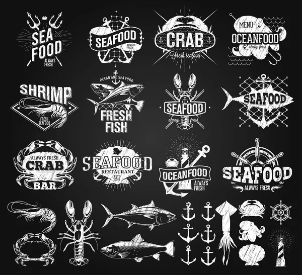 Наклейки на морепродукты, логотип рисунок мелом — стоковый вектор