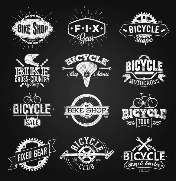 Etiqueta tipográfica de bicicleta y logotipo tiza dibujo — Vector de stock