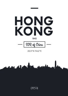 Poster şehir manzarası Hong Kong, düz stil vektör çizim