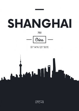 Poster şehir manzarası Shanghai, düz stil vektör çizim