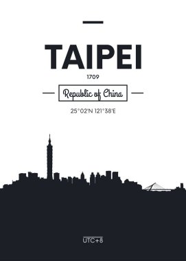 Poster şehir manzarası Taipei, düz stil vektör çizim