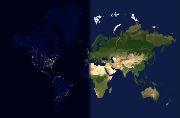 Día en el este, Noche en el oeste, Ilustración del vector del mapa del mundo — Archivo Imágenes Vectoriales