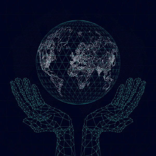 Les mains polygonales tiennent la carte planétaire des communications — Image vectorielle
