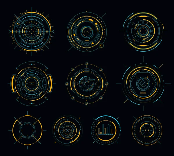 Vector de elementos circulares de visualización de ciencia ficción, interfaz de usuario futurista HUD — Vector de stock