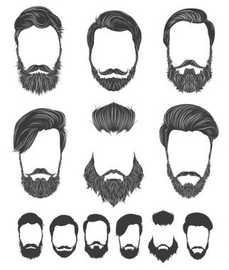 Saç ve sakal hipster moda, set vektör çizimler