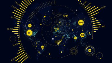 Hud futuristik bir arayüze küresel teknoloji ve telekomünikasyon ağ, vektör dünya haritası Dünya Analytics