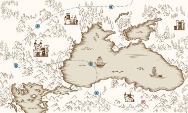 Ortaçağ haritacılık, eski korsan hazine haritası, vektör çizim