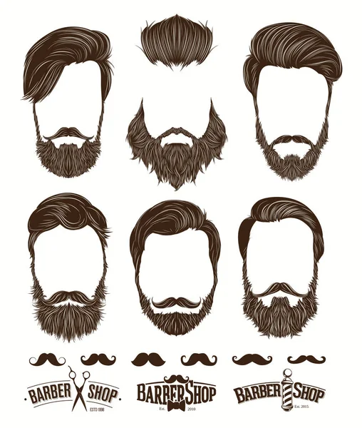 Penteado e barba moda hipster, Barbershop Emblems definir ilustrações vetoriais —  Vetores de Stock